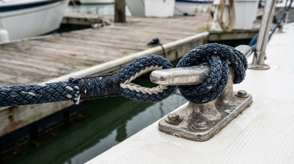 Braided dock line secured tightly onto a metal boat cleat.