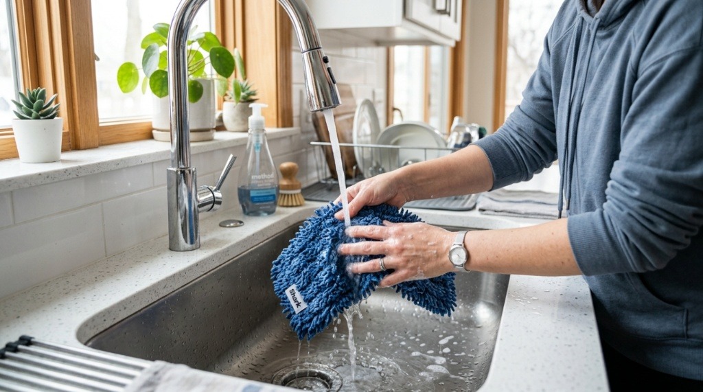 Washing a reusable microfiber mop pad under running water.