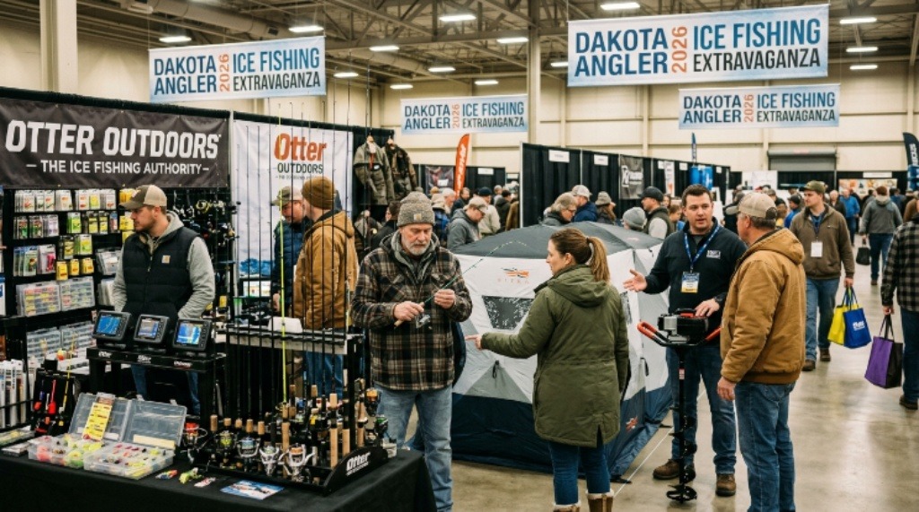 Ice fishing enthusiasts browsing equipment at the 2026 Dakota Angler event