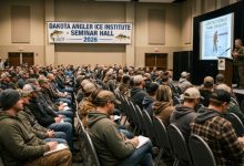 Anglers attending the Dakota Angler Ice Institute seminar hall in 2026