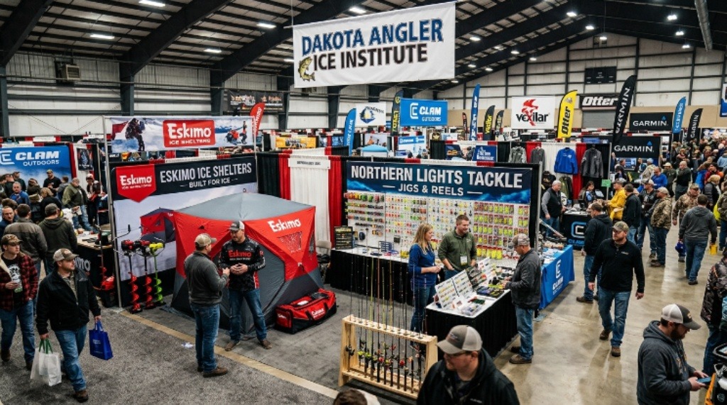 Vendor booths displaying ice fishing gear at the Dakota Angler Ice Institute