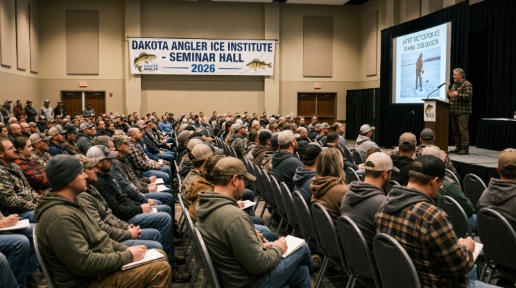 Anglers attending the Dakota Angler Ice Institute seminar hall in 2026
