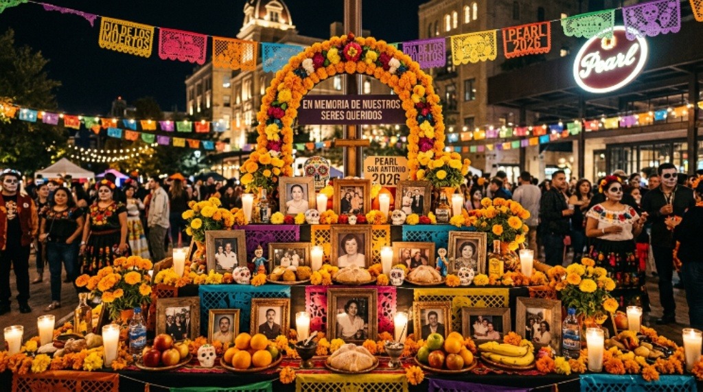 Traditional ofrenda altar decorated with flowers, candles, and photos at Pearl's Día de los Muertos celebration 2026