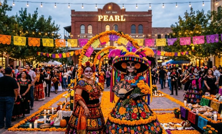 Colorful Catrina costumes and marigold decorations at the Día de los Muertos festival at Pearl in San Antonio, Texas