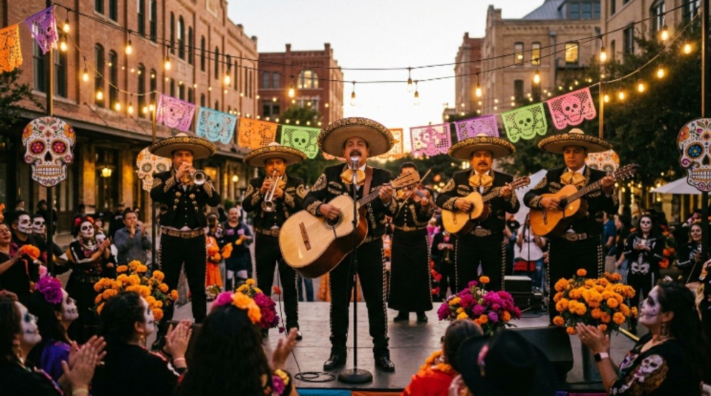 Live mariachi band performing on stage during the Día de los Muertos festival at Pearl district, San Antonio