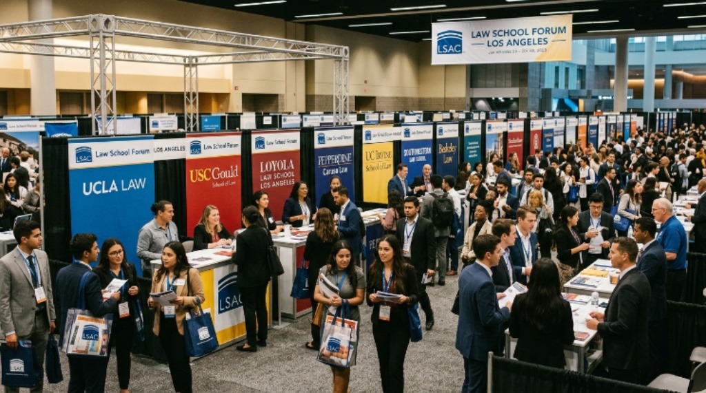 LSAC Law School Forum exhibition floor with law school booths and attendees in Los Angeles