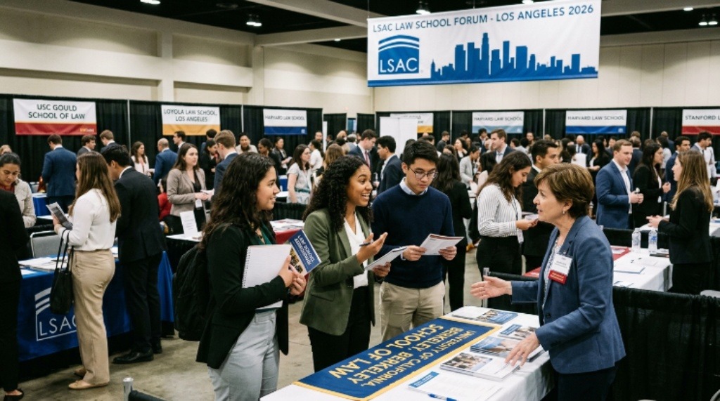 Prospective law students speaking with admissions representatives at the Los Angeles LSAC Forum 2026