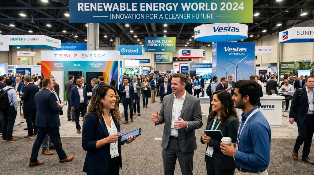 Clean energy professionals networking at a large industry trade show exhibition floor