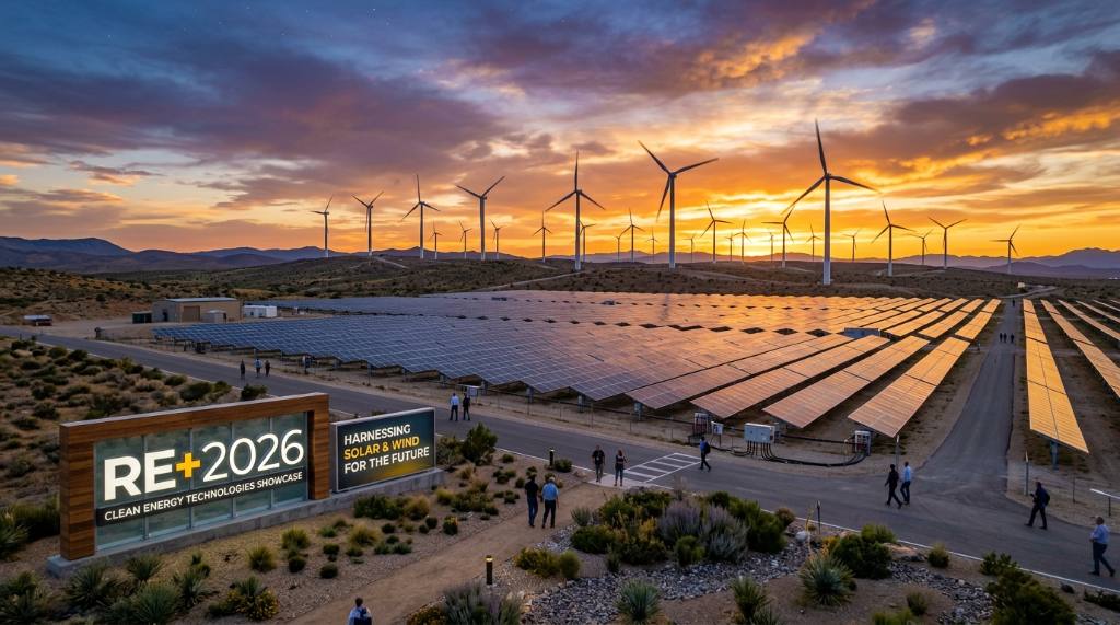 Solar panels and wind turbines at sunset representing the clean energy technologies showcased at RE+ 2026