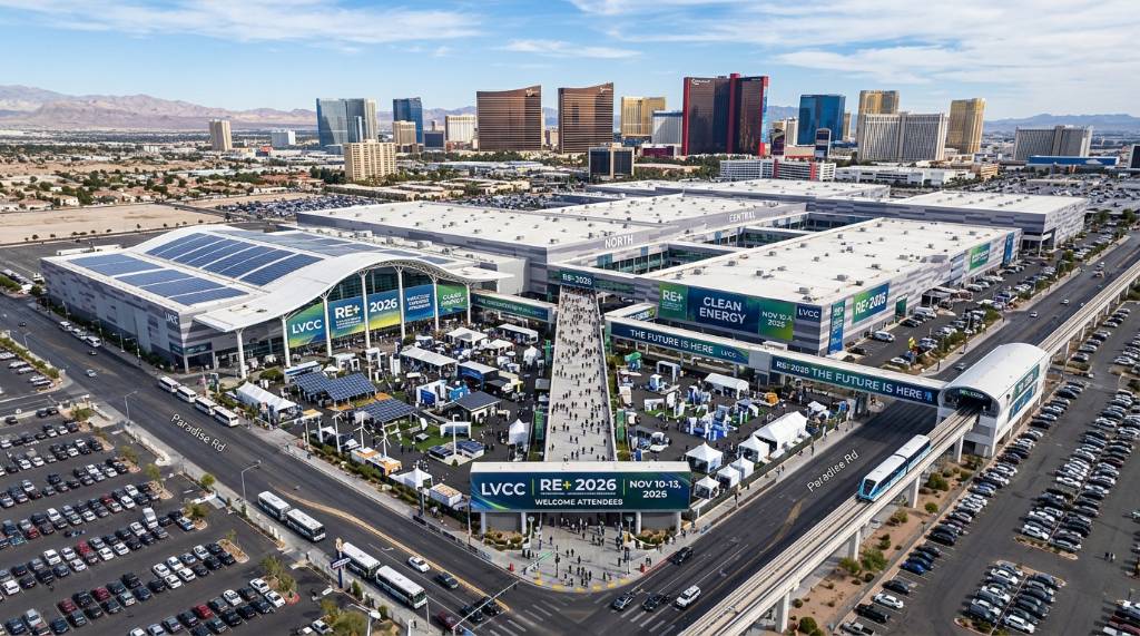 Aerial view of the Las Vegas Convention Center, venue for RE+ 2026 clean energy conference in November 2026