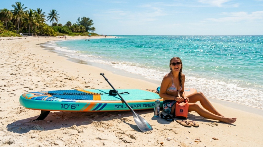Person rinsing saltwater off an inflatable paddle board with a garden hose.