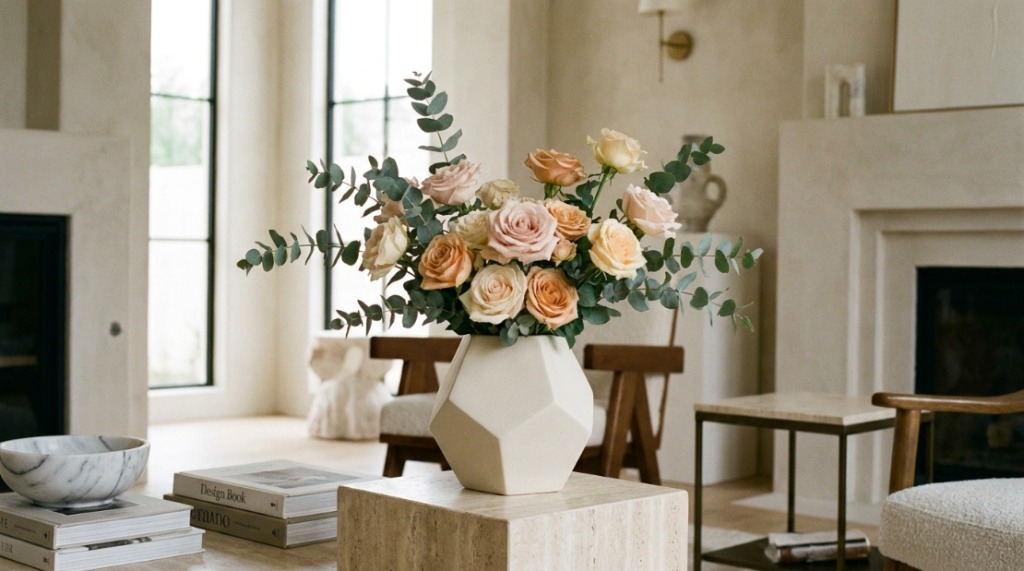 Pastel roses and eucalyptus arranged in a modern geometric vase.