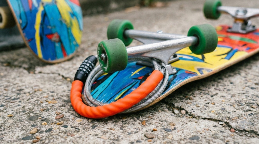 A skateboard secured to a metal bike rack using a heavy-duty U-lock.
