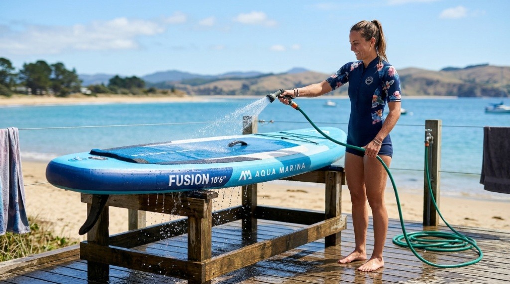 Vibrant inflatable paddle board resting on a sunny Florida beach near ocean waves