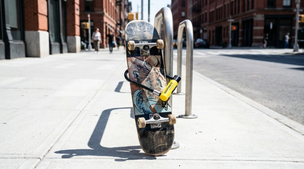 A flexible steel cable lock wrapped tightly around a skateboard deck and trucks.