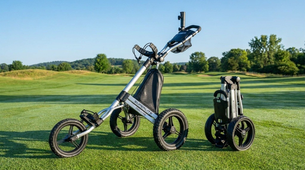 Golfer using scorecard holder on SuperLite Deluxe Golf Push Cart handle