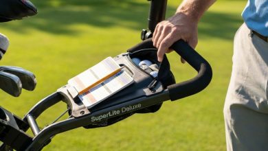 Lightweight SuperLite Deluxe Golf Push Cart on green golf course fairway