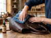 Open leather work bag neatly organized with a laptop and notebook.
