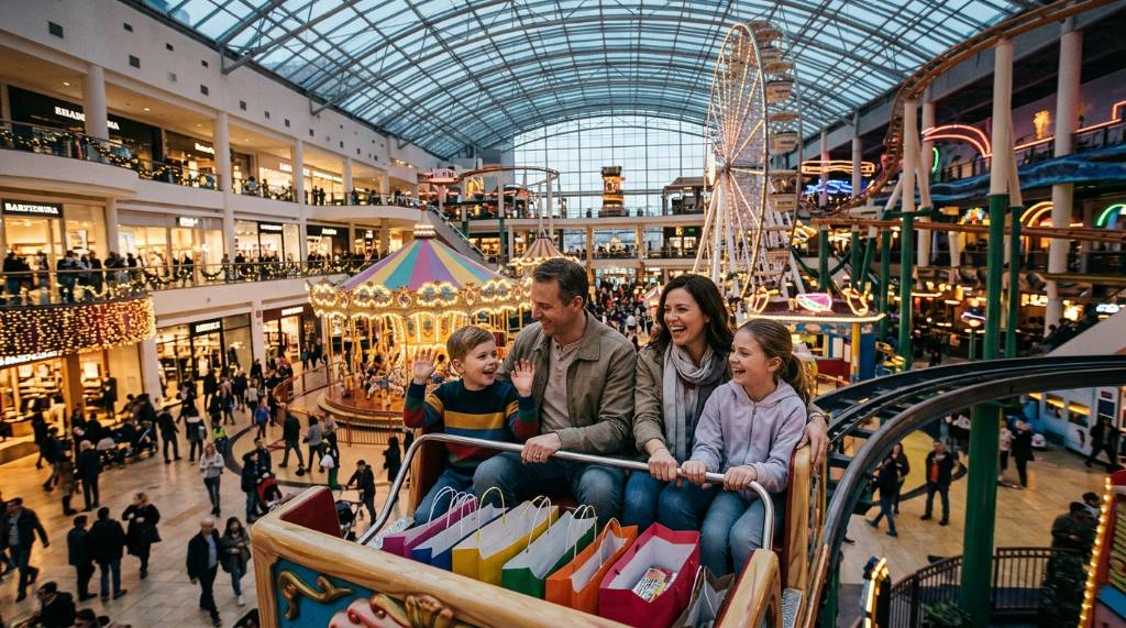 Family riding a ride at the indoor theme park inside the mall after a day of shopping