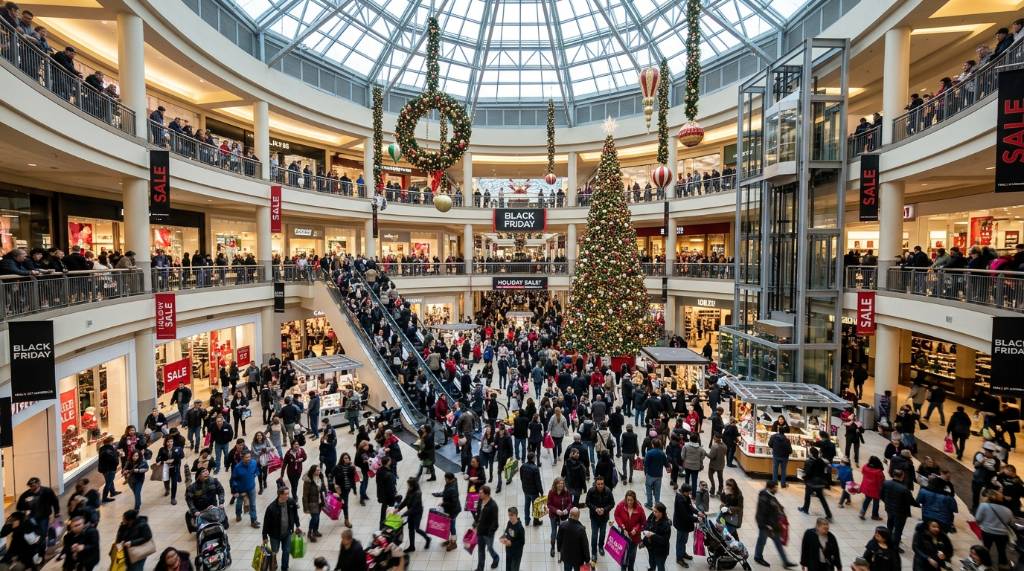 Shoppers walking through the busy center rotunda at Mall of America on Black Friday