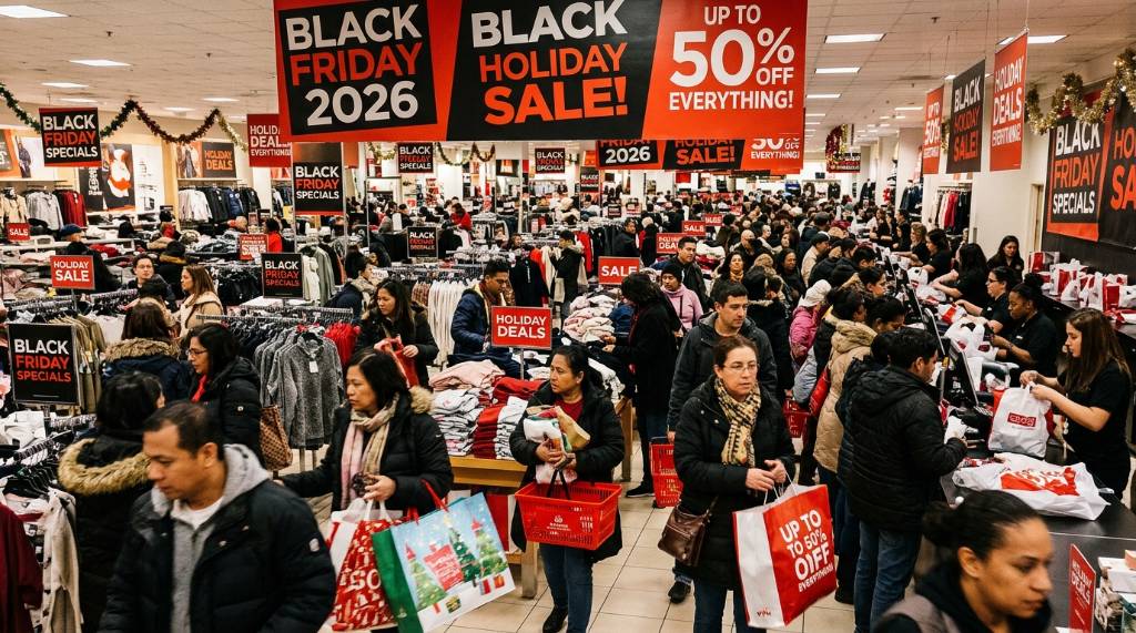 Holiday sale signs and shopping bags inside a crowded mall store during Black Friday 2026