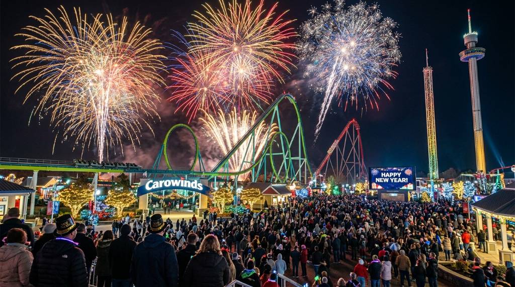 Fireworks display over Carowinds theme park on New Year's Eve