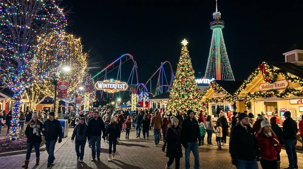 Carowinds WinterFest holiday lights and decorations at night