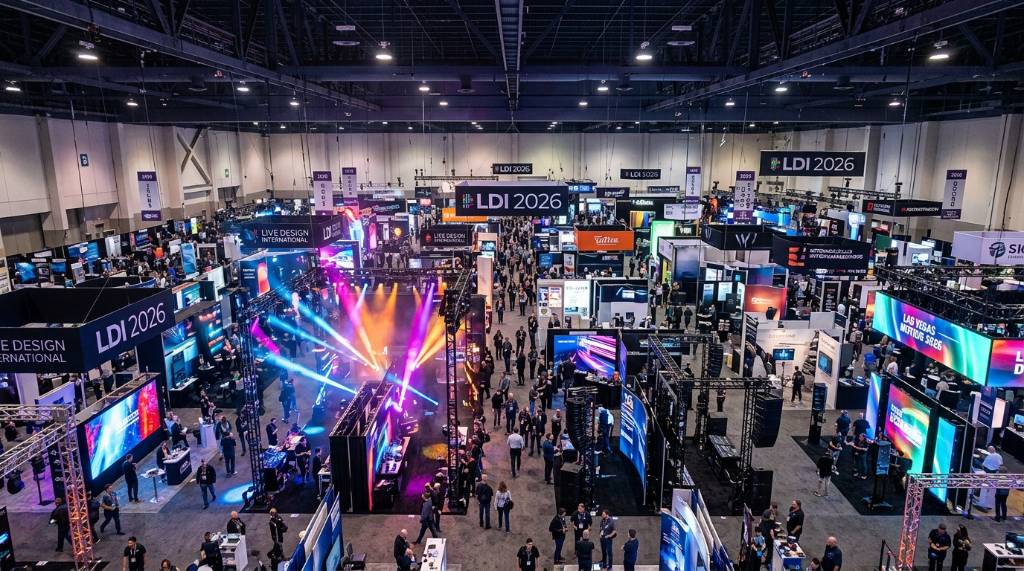 Aerial view of the LDI Show 2026 exhibition floor at the Las Vegas Convention Center filled with lighting and audio exhibitors