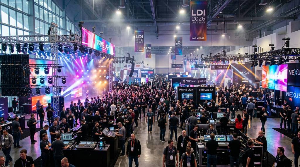 Stage lighting and production technology displays at the LDI Show 2026 trade expo in Las Vegas West Hall