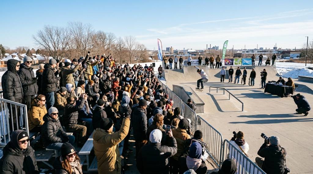 Crowd of spectators watching a skateboarding competition on a sunny winter day