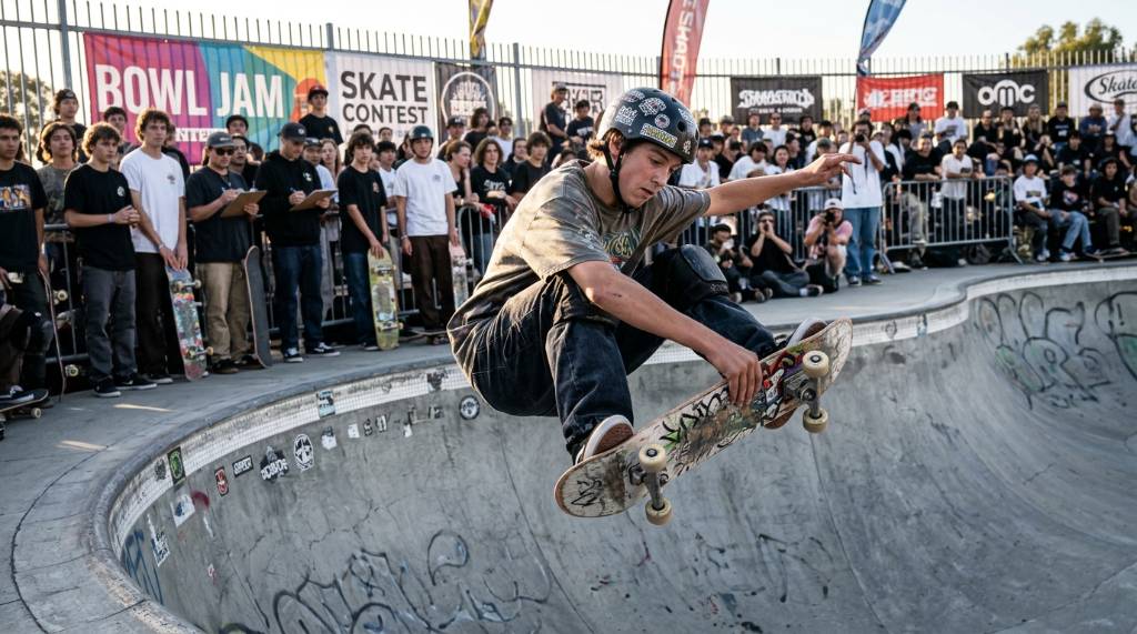 Young skater performing a trick on a concrete bowl during a skate park contest
