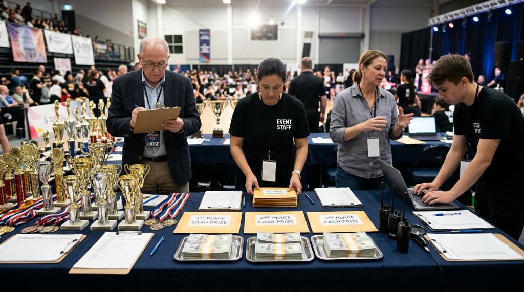 Judges and event staff at the awards table with cash prizes and trophies